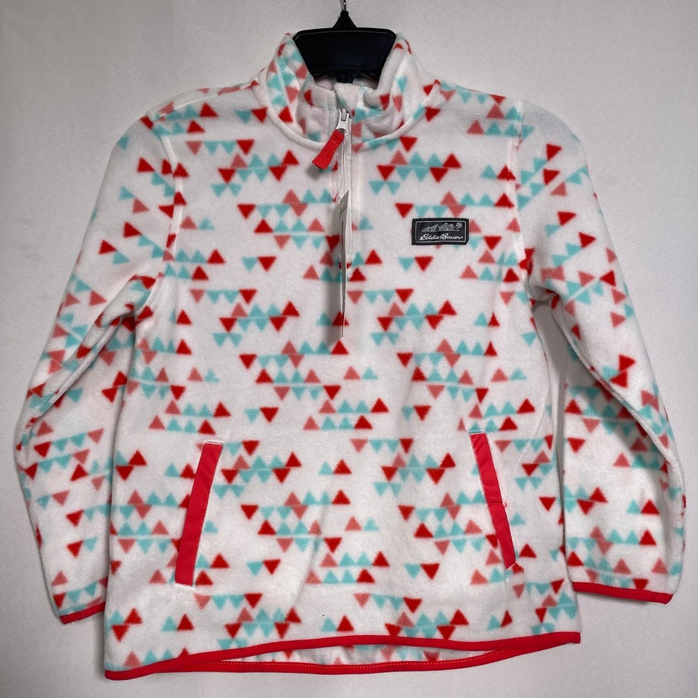 Eddie Bauer Youth Quest Fleece 1/4-Zip White Red Sweater Juniors MEDIUM NWT